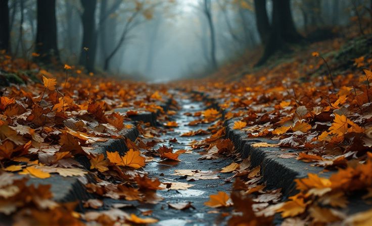 Une journée nuageuse révèle des traces de sanglier profondes à travers un tapis de feuilles mortes, dans des couleurs désaturées évoquant la solennité de la forêt.