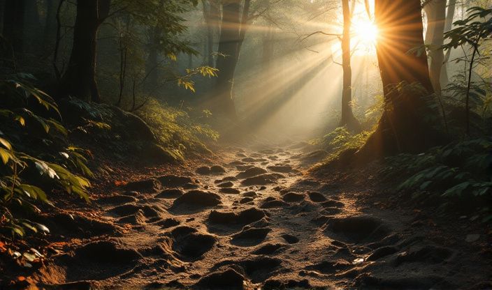 Un rayon de soleil éclaire un réseau de traces de sanglier sur le sol forestier, créant un contraste marqué entre lumière et ombre.