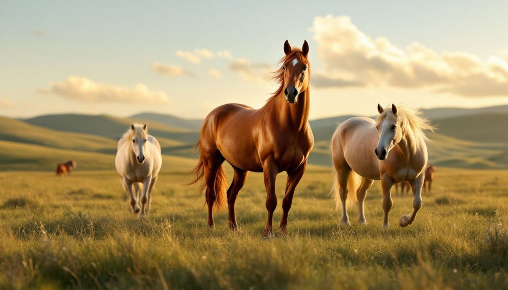 Des chevaux majestueux se tiennent au lever du soleil, illuminés par la douce lumière matinale.