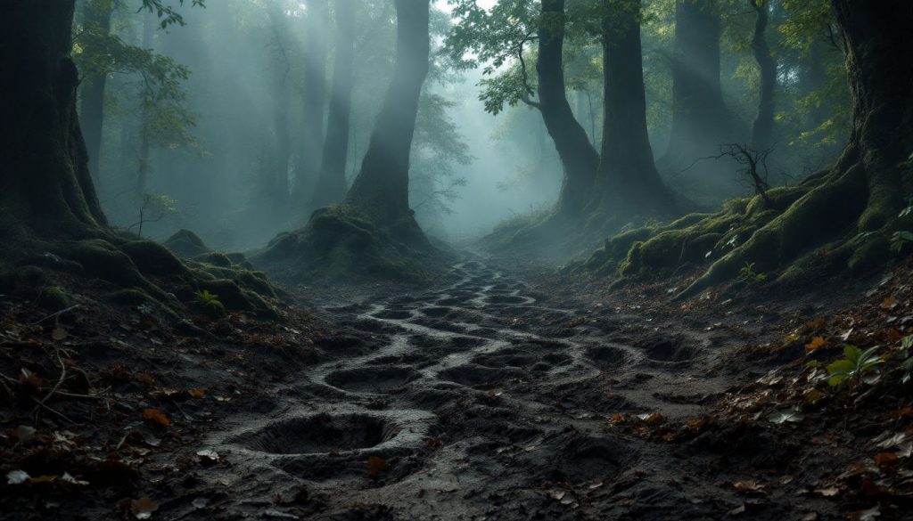 Traces de sanglier marquant le sol forestier.