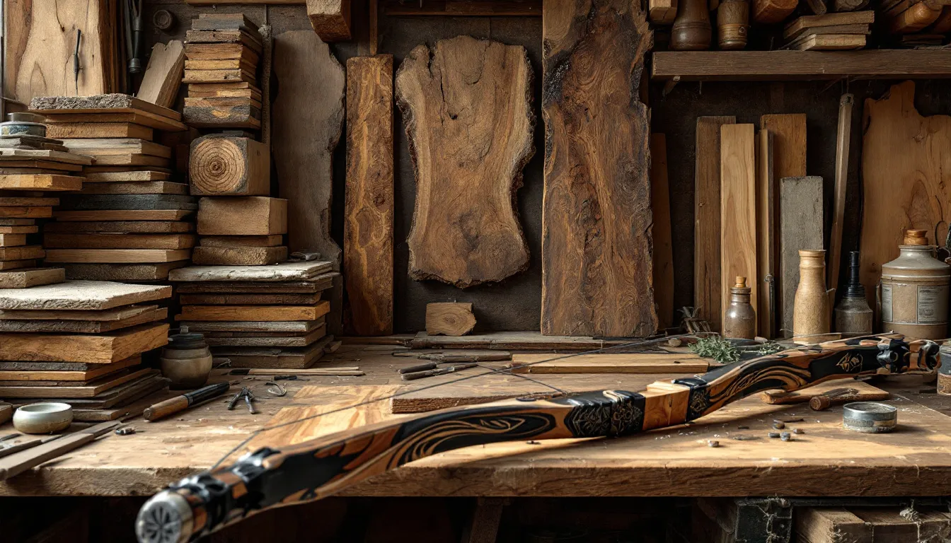 Atelier d'un maître archier avec des arcs, des flèches et des outils artisanaux disposés sur une table en bois.