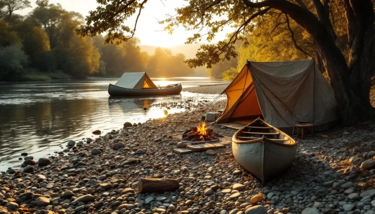 Bivouac tranquille illuminé par les teintes douces du crépuscule, avec une tente et des silhouettes de montagnes en arrière-plan.