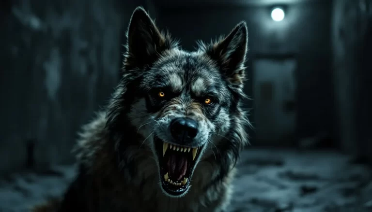 Un chien au regard mécontent se tient dans l'ombre.