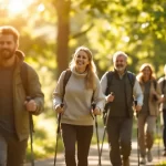 Randonneurs sur un sentier entouré de verdure au parc.