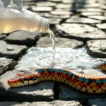 Un serpent recule prudemment devant un flacon d'eau de Javel.