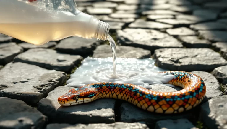 Un serpent recule prudemment devant un flacon d'eau de Javel.