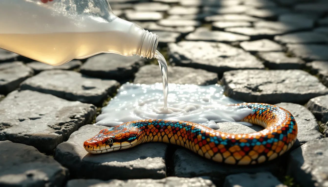 Un serpent recule prudemment devant un flacon d'eau de Javel.