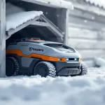 Robot Husqvarna en hibernation, recouvert d'une fine couche de neige.