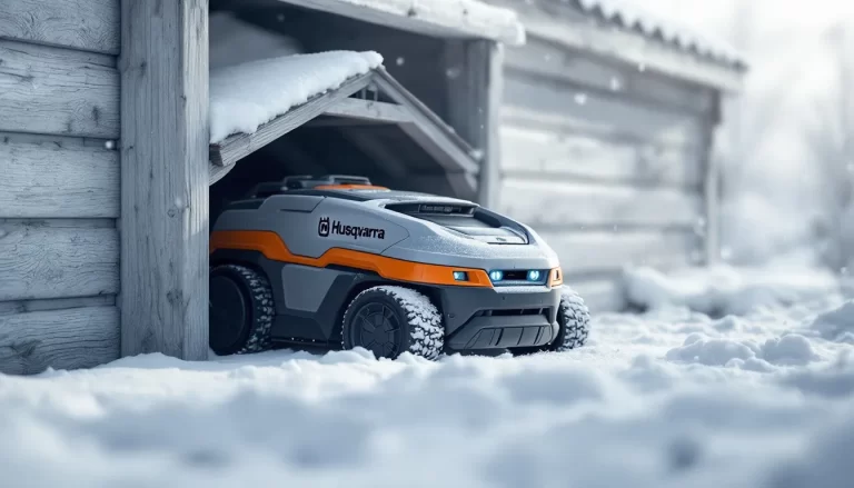 Robot Husqvarna en hibernation, recouvert d'une fine couche de neige.