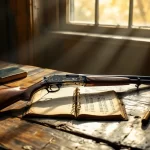 Fusil ancien posé à côté d’un registre vieilli.