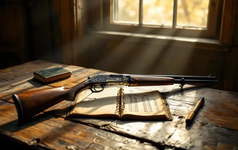 Fusil ancien posé à côté d’un registre vieilli.