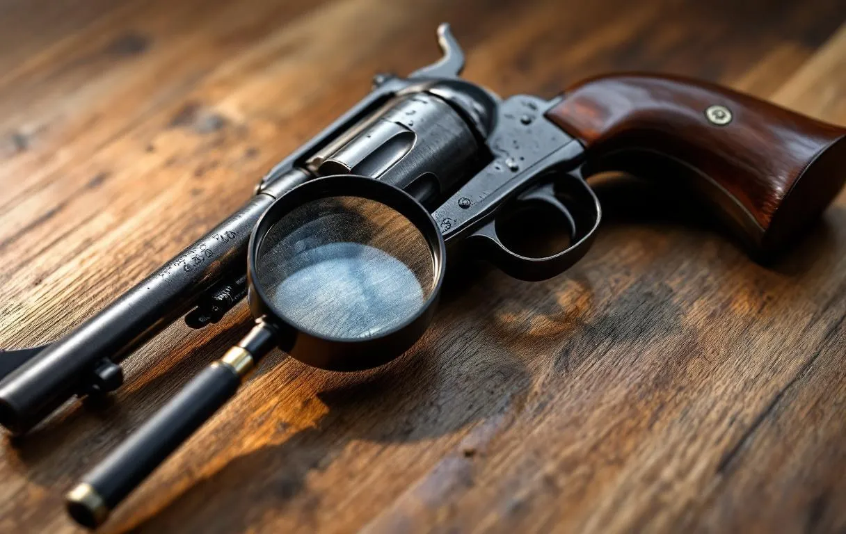Révolver ancien observé sous une loupe éclairée.