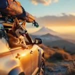 Un SUV familial chargé de matériel de camping et de sport est garé devant un beau paysage, avec un chien sortant la tête par la fenêtre arrière et un chat assis sur le tableau de bord, sous une lumière dorée.