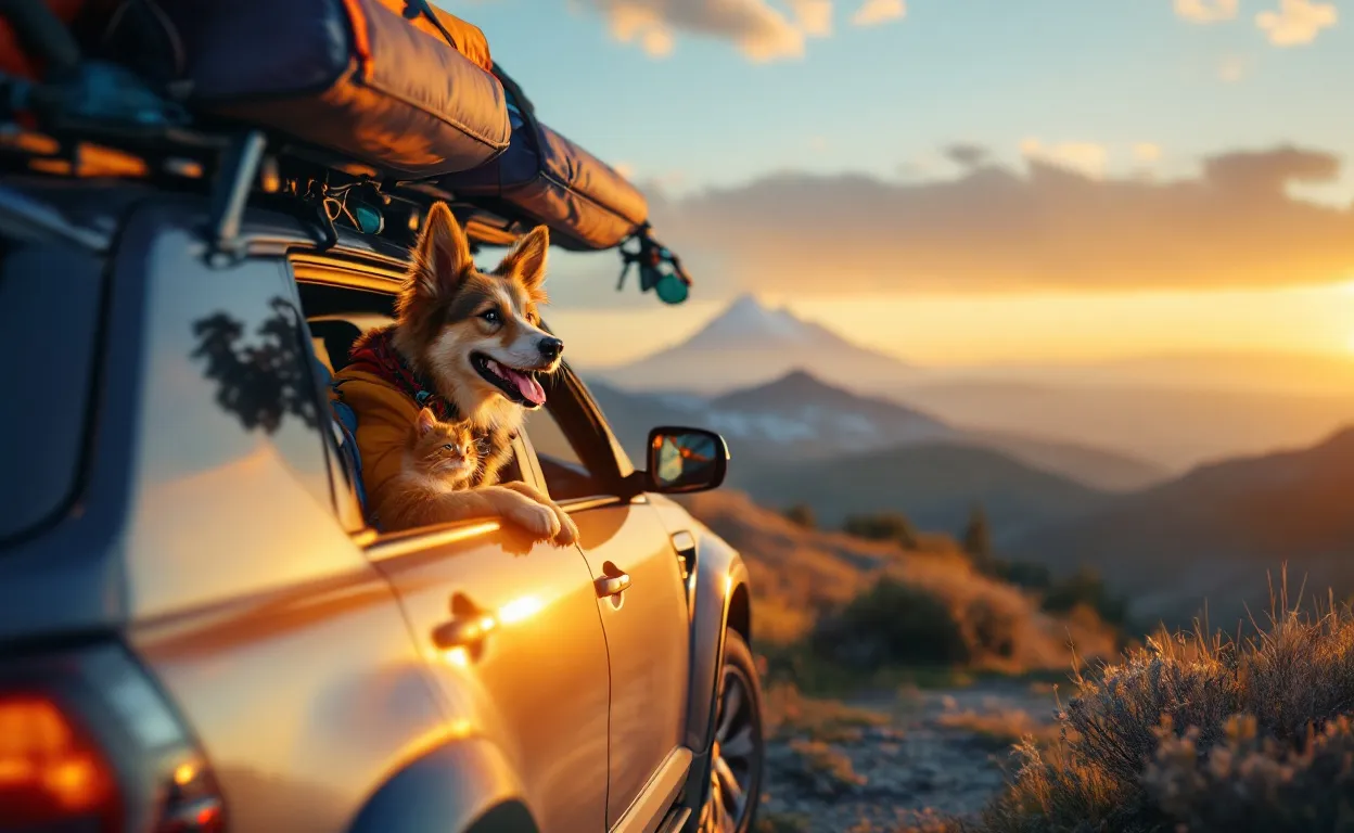 Un SUV familial chargé de matériel de camping et de sport est garé devant un beau paysage, avec un chien sortant la tête par la fenêtre arrière et un chat assis sur le tableau de bord, sous une lumière dorée.