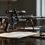 Un fusil à air comprimé réaliste posé sur une table en bois près de documents officiels dans une pièce éclairée naturellement.