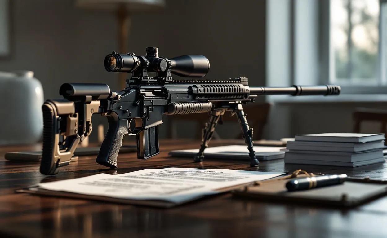 Un fusil à air comprimé réaliste posé sur une table en bois près de documents officiels dans une pièce éclairée naturellement.