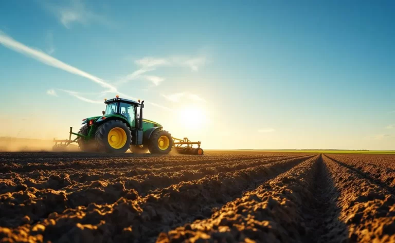 Un tracteur moderne laboure méthodiquement un vaste champ sous un ciel bleu, avec des sillons bien tracés éclairés par la lumière dorée du soleil.