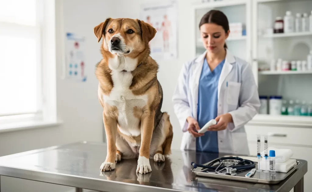 Un chien de 30 kg assis calmement sur une table d’examen vétérinaire pendant qu’un vétérinaire prépare des instruments médicaux près d’une fenêtre éclairée.