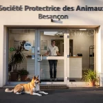 Entrée de la Société Protectrice des Animaux Besançon avec son nom sur la façade, un chien calme allongé près de la porte et un membre du personnel visible derrière des portes vitrées sous une lumière matinale douce.