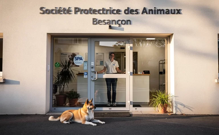 Entrée de la Société Protectrice des Animaux Besançon avec son nom sur la façade, un chien calme allongé près de la porte et un membre du personnel visible derrière des portes vitrées sous une lumière matinale douce.