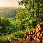 Forêt dense sous une lumière dorée avec des piles de rondins coupés soigneusement rangées en lisière.