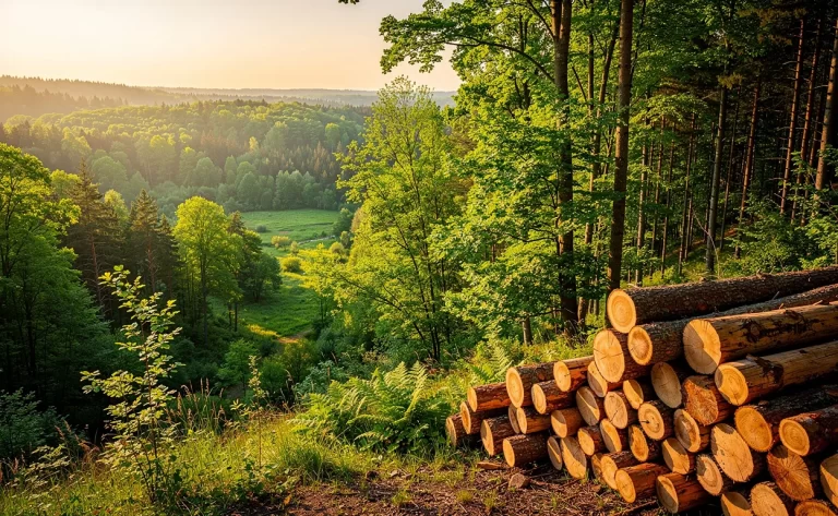 Forêt dense sous une lumière dorée avec des piles de rondins coupés soigneusement rangées en lisière.