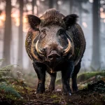 Un sanglier vigoureux se tient dans une forêt embrumée au lever du jour, regardant droit devant lui.