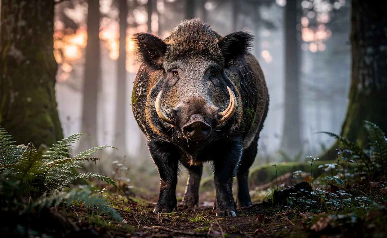 Un sanglier vigoureux se tient dans une forêt embrumée au lever du jour, regardant droit devant lui.