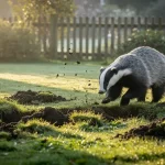 Un blaireau creuse la pelouse verdoyante parsemée de plaques de terre retournée près d’une clôture au lever du jour, dans une lumière dorée et une légère brume.