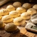 Des pâtons de pizza de différentes tailles sont alignés sur un plan de travail en bois près d'une balance métallique, éclairés par la lumière du jour.