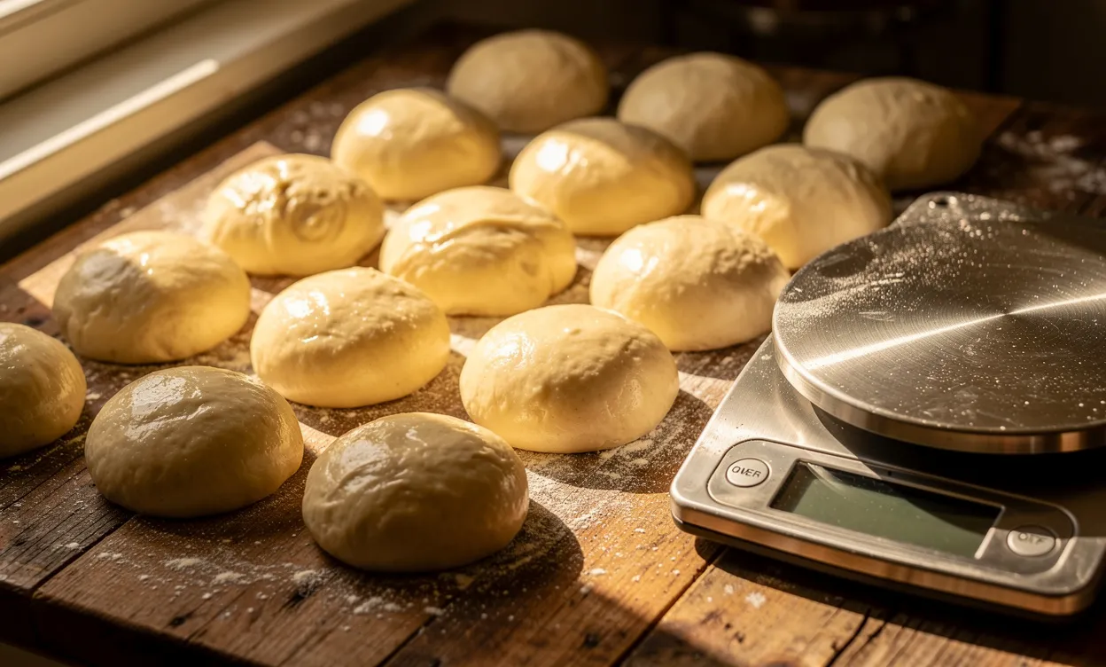 Des pâtons de pizza de différentes tailles sont alignés sur un plan de travail en bois près d'une balance métallique, éclairés par la lumière du jour.