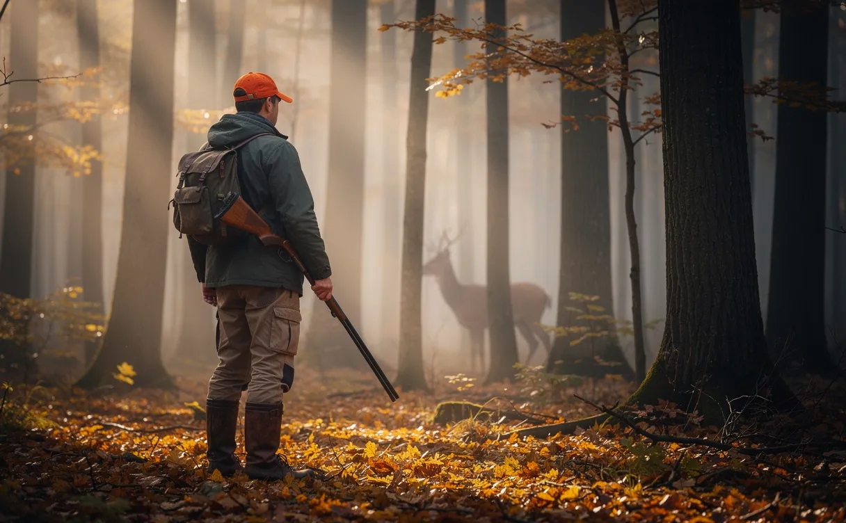 Un chasseur seul observe un cerf au loin dans une forêt d’automne brumeuse, le sol jonché de feuilles dorées.