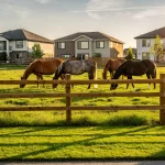 Des chevaux broutent paisiblement dans un pré verdoyant près de maisons modernes, séparés par une clôture sous la lumière dorée du soir.