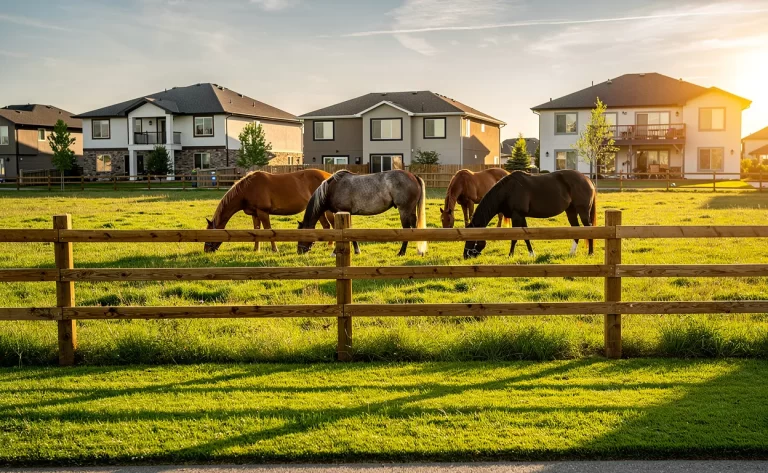 Des chevaux broutent paisiblement dans un pré verdoyant près de maisons modernes, séparés par une clôture sous la lumière dorée du soir.