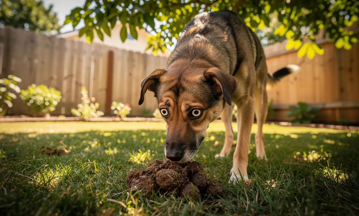 Un chien à l’air coupable se tient près d’une petite déjection dans un jardin ensoleillé.