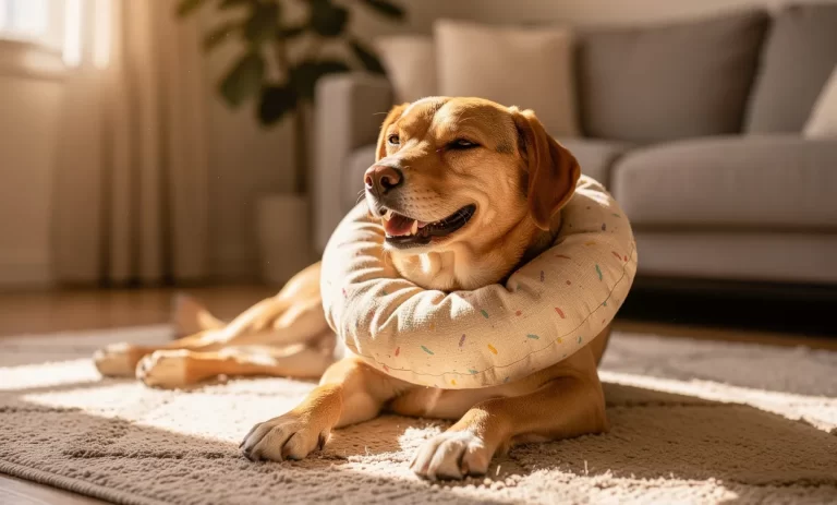 Un chien détendu porte un collier souple en forme de beignet et repose sur un tapis dans un salon baigné de lumière douce.