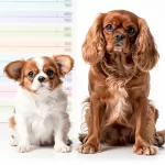 Un chiot et un chien adulte cavalier king charles spaniel assis côte à côte devant un fond blanc avec un tableau de poids aux couleurs pastel en arrière-plan.
