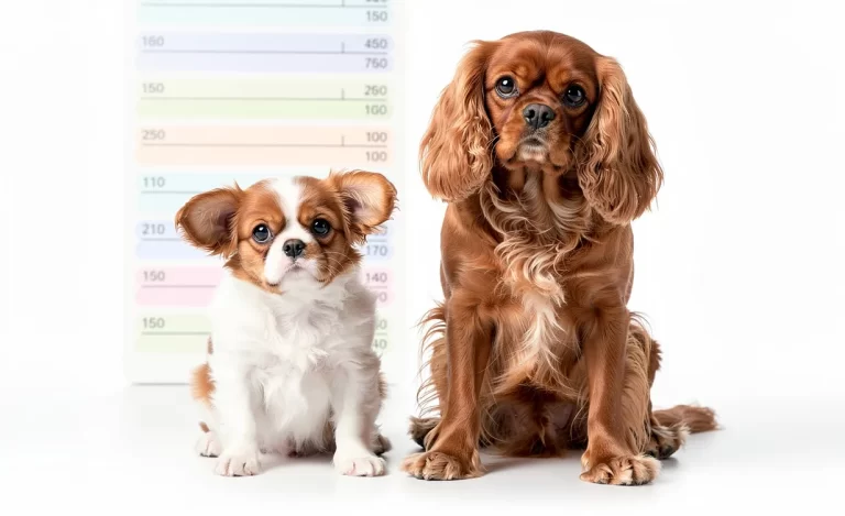 Un chiot et un chien adulte cavalier king charles spaniel assis côte à côte devant un fond blanc avec un tableau de poids aux couleurs pastel en arrière-plan.
