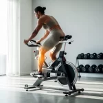 Une personne sportive fait du vélo d’appartement dans une salle de sport épurée, avec ses muscles subtilement mis en valeur sous la lumière naturelle.