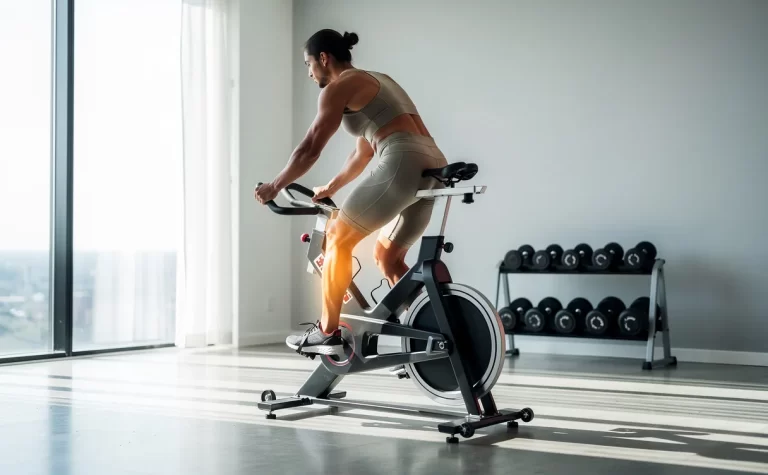 Une personne sportive fait du vélo d’appartement dans une salle de sport épurée, avec ses muscles subtilement mis en valeur sous la lumière naturelle.