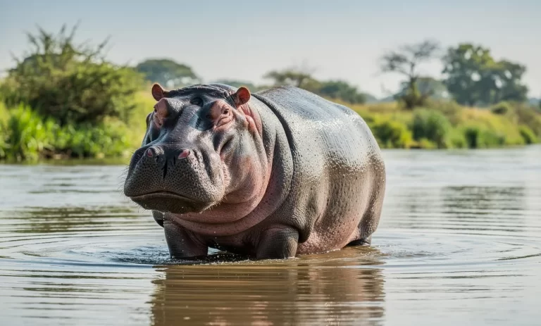 Un hippopotame adulte se tient à moitié immergé dans une rivière ensoleillée avec une berge verte à l’arrière-plan.