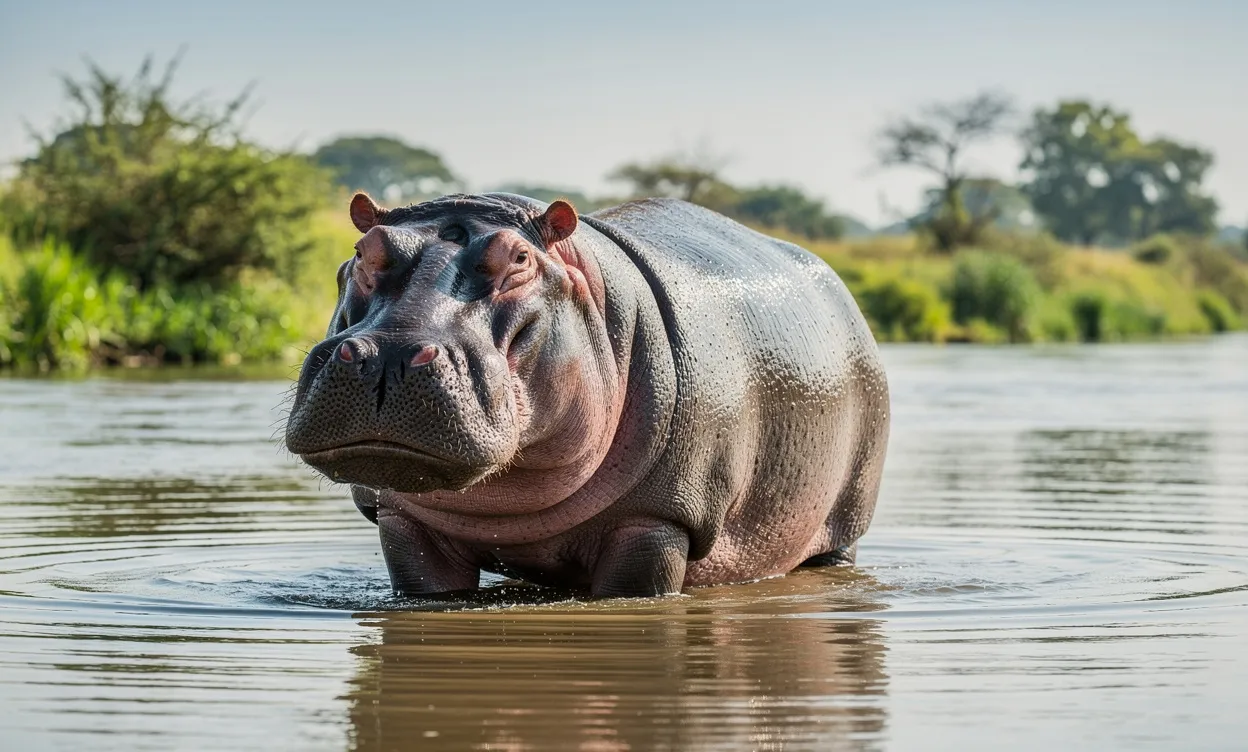 Un hippopotame adulte se tient à moitié immergé dans une rivière ensoleillée avec une berge verte à l’arrière-plan.