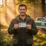 Un chasseur débutant tient un permis de chasse français dans une clairière au lever du soleil, avec un véhicule de patrouille de l’OFB en arrière-plan.