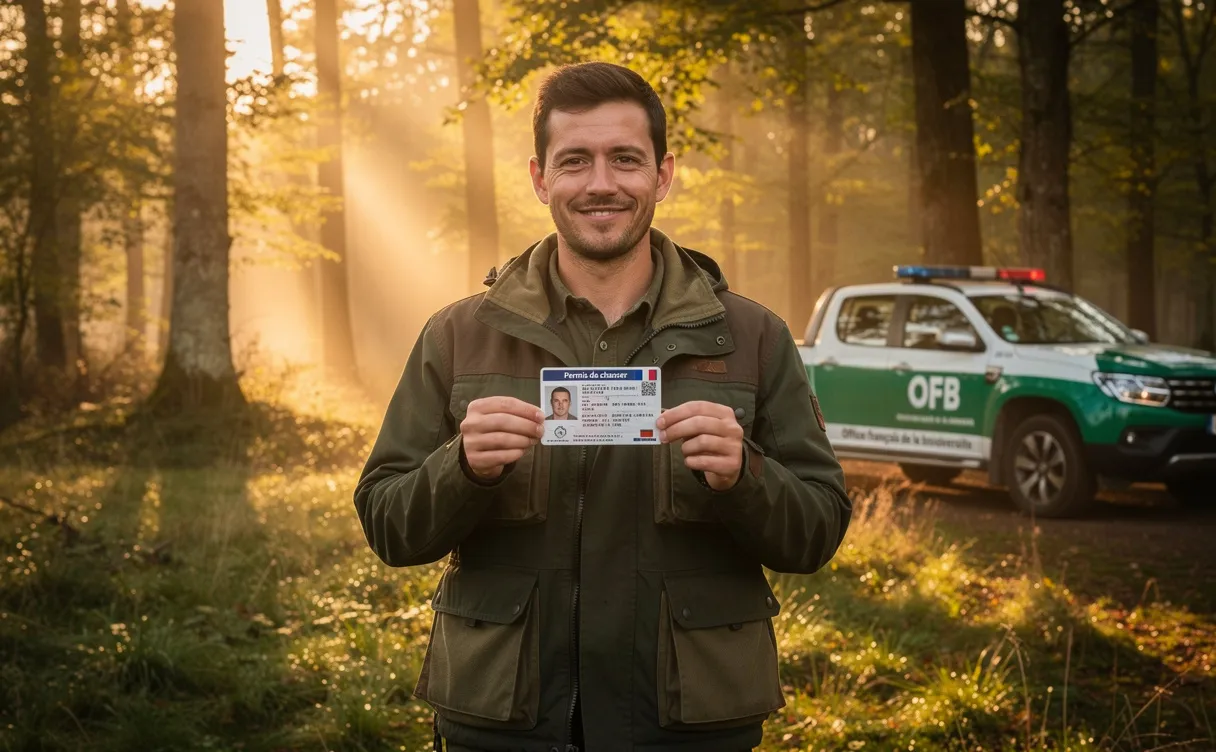 Un chasseur débutant tient un permis de chasse français dans une clairière au lever du soleil, avec un véhicule de patrouille de l’OFB en arrière-plan.