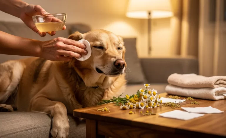 Une main délicate nettoie l’œil d’un chien détendu avec une solution naturelle, entourée de camomille et de disques de coton dans un intérieur chaleureux.