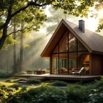 Maison moderne en bois entourée d’une forêt verdoyante, avec de grandes fenêtres et des rayons de soleil à travers les arbres.
