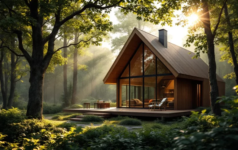 Maison moderne en bois entourée d’une forêt verdoyante, avec de grandes fenêtres et des rayons de soleil à travers les arbres.