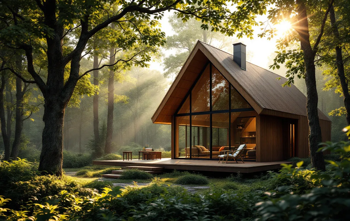 Maison moderne en bois entourée d’une forêt verdoyante, avec de grandes fenêtres et des rayons de soleil à travers les arbres.