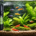 Un aquarium avec pompe , poissons, crevettes et plantes