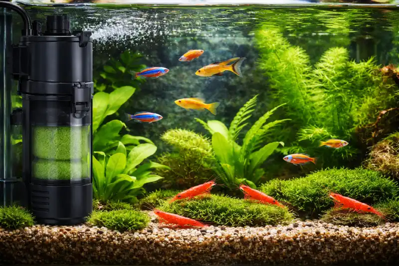 Un aquarium avec pompe , poissons, crevettes et plantes